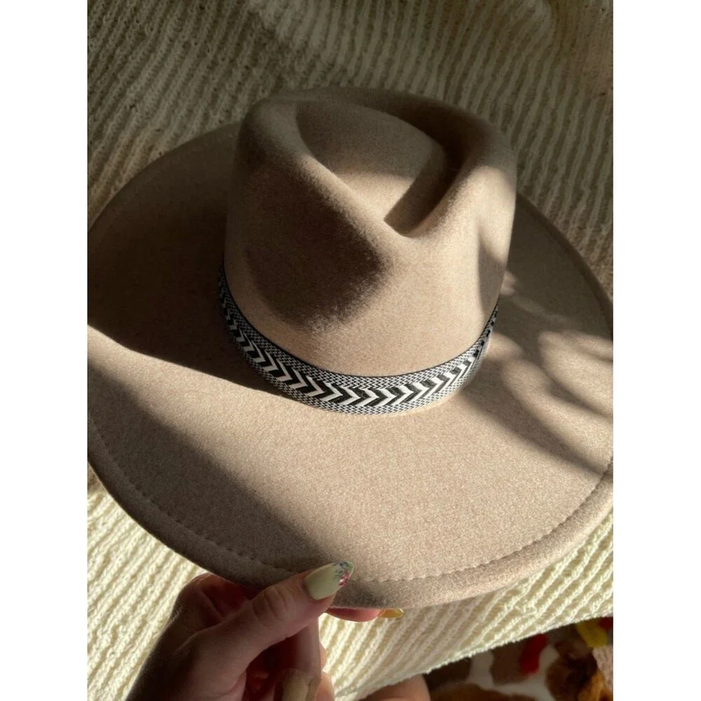 Wide Brim Felt Hat with Chevron Band - Taupe